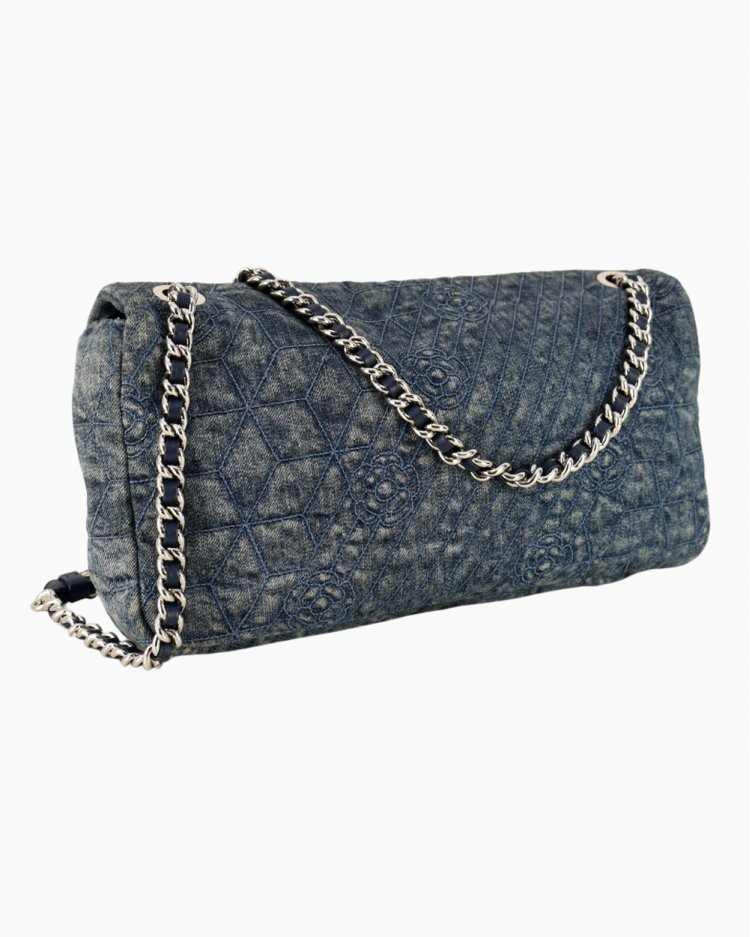 Bolsa Chanel original Single Flap jeans camélia feminina